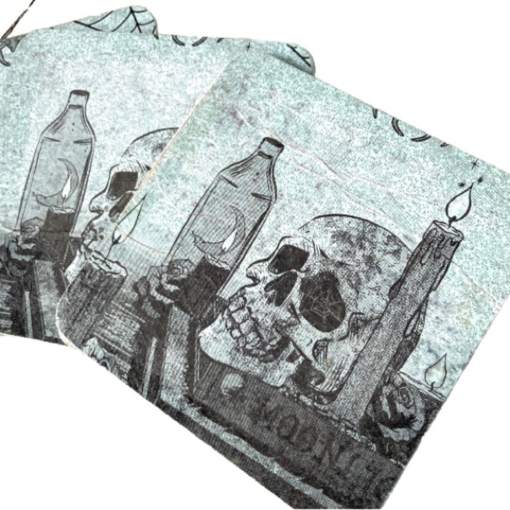 SKULL COASTERS Set of 8  Decoupaged Spooky Halloween  4 x 4 inches